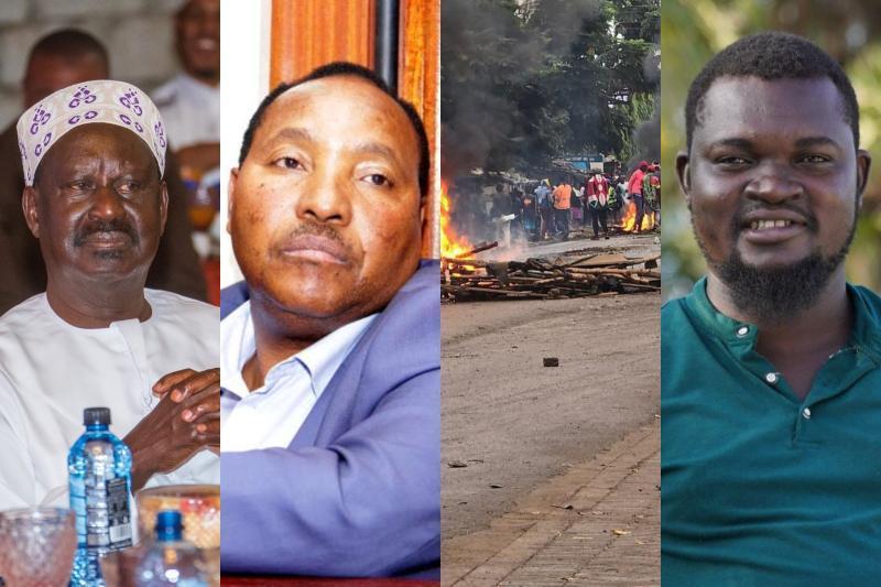 Collage photo of Raila Odinga, Ferdinand Waititu,Saba Saba protests and Albert Ojwang.